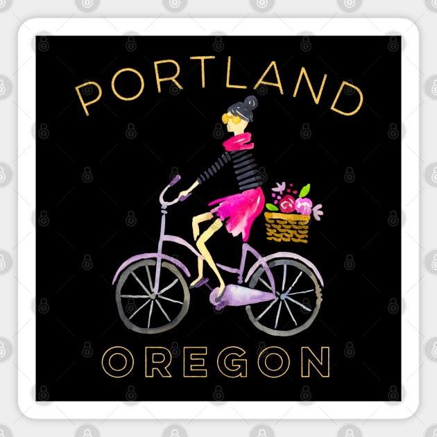 Portland Oregon Watercolor With Cute Girl Bicycling Magnet by Pine Hill Goods